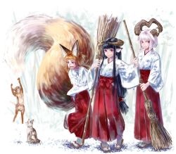 Rule 34 | 3girls, animal ear fluff, animal ears, blue eyes, broom, cat, eyebrows, fang, fox ears, fox tail, hakama, hakama skirt, holding, holding broom, horned girl (jaco), horns, jaco, japanese clothes, kimono, large tail, long sleeves, looking to the side, miko, multiple girls, nail polish, orange hair, original, parted lips, red eyes, red hakama, red nails, sandals, short hair, skirt, slit pupils, smile, standing, standing on one leg, tabi, tail, tears, thick eyebrows, white hair, white kimono, white legwear, wide sleeves