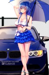 Rule 34 | 1girl, ahoge, alternate costume, armpits, azur lane, bad id, bad pixiv id, bandeau, bare shoulders, blue hair, blue skirt, blurry, blush, bmw, bmw 3 series, bmw m3, breasts, car, chin gero, cleavage, day, depth of field, embarrassed, grey sky, hair between eyes, hair ornament, half-closed eyes, hand on own hip, highres, holding, holding umbrella, large breasts, legs together, long hair, looking at viewer, miniskirt, motor vehicle, outdoors, pleated skirt, purple eyes, race queen, silver footwear, skirt, sky, solo, st. louis (azur lane), standing, umbrella, watermark, web address