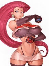 Rule 34 | 1girl, bare shoulders, black gloves, black panties, black thighhighs, blue eyes, breasts, cameltoe, commentary request, covered erect nipples, creatures (company), earrings, elbow gloves, fumio (rsqkr), game freak, gloves, great ball, hair slicked back, highres, jessie (pokemon), jewelry, large breasts, lips, long hair, looking at viewer, microskirt, navel, nintendo, panties, pink hair, poke ball, poke ball (basic), pokemon, pokemon (anime), pokemon the movie: the power of us, simple background, skirt, solo, strapless, team rocket, team rocket uniform, thighhighs, thighs, tube top, undersized clothes, underwear, very long hair, white background, wide hips