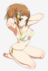 Rule 34 | 1girl, arched back, armpits, bare legs, barefoot, bikini, blunt bangs, bouen, braid, breasts, brown eyes, brown hair, commentary request, feet, full body, highres, idolmaster, idolmaster cinderella girls, kitami yuzu, looking at viewer, medium breasts, navel, open mouth, print bikini, seiza, side-tie bikini bottom, side braid, simple background, sitting, soles, solo, swimsuit, toes, transparent background