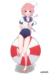 Rule 34 | 1girl, absurdres, ahoge, blue one-piece swimsuit, blue sailor collar, full body, hair ornament, highres, i-58 (kancolle), kantai collection, lifebuoy, looking at viewer, momimaki, necktie, one-piece swimsuit, pink hair, pink necktie, red eyes, sailor collar, sandals, school swimsuit, school uniform, serafuku, short hair, simple background, solo, standing, swim ring, swimsuit, swimsuit under clothes, white background