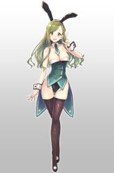 Rule 34 | 1girl, animal ears, animal print, bare shoulders, black leotard, black thighhighs, blush, breasts, byougaku, cleavage, collarbone, detached collar, fake animal ears, fishnet thighhighs, fishnets, full body, gradient background, green eyes, green hair, green jacket, green necktie, grey background, hairband, hand up, high heels, idolmaster, idolmaster shiny colors, index finger raised, jacket, large breasts, leotard, long hair, looking at viewer, nanakusa hazuki, necktie, open mouth, rabbit ears, rabbit print, simple background, smile, solo, standing, tailcoat, thighhighs, white wrist cuffs, wrist cuffs