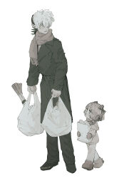 Rule 34 | 1boy, 1girl, bag, black jack (character), black jack (series), blush, bob cut, bow, coat, eye contact, groceries, grocery bag, hair bow, hair over one eye, height difference, highres, holding, holding bag, kager en, loafers, long sleeves, looking at another, looking down, looking to the side, looking up, medium hair, mittens, multicolored hair, multiple hair bows, muted color, one eye covered, open mouth, paper bag, pinoko, scarf, shoes, shopping bag, short hair, simple background, stitched face, stitches, two-tone hair, walking, white background