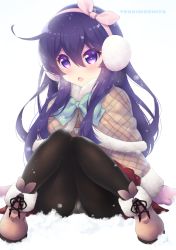 Rule 34 | 1girl, :o, akatsuki (kancolle), artist name, black pantyhose, blue bow, blush, boots, bow, brown capelet, brown footwear, brown jacket, capelet, commentary request, earmuffs, fur-trimmed boots, fur-trimmed capelet, fur-trimmed sleeves, fur trim, hair between eyes, hair ribbon, head tilt, jacket, kantai collection, knees together feet apart, long hair, looking away, mittens, open mouth, outdoors, panties, panties under pantyhose, pantyhose, pink mittens, pink ribbon, plaid, plaid capelet, plaid jacket, purple eyes, purple hair, ribbon, sitting, snow, snowing, solo, tsukimochikuriko (tsukimochi k), underwear, very long hair
