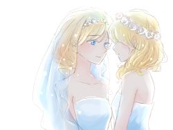 Rule 34 | 2girls, alice margatroid, blonde hair, blue eyes, blurry, blush, bridal veil, couple, dress, face-to-face, head wreath, highres, kirisame marisa, long hair, multiple girls, nip to chip, pointy ears, smile, strapless, strapless dress, touhou, upper body, veil, wedding dress, wife and wife, yuri