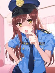 Rule 34 | 1girl, :o, absurdres, blue shirt, hand on own hip, hands on own chin, hat, highres, idolmaster, idolmaster shiny colors, indoors, looking at viewer, loose necktie, monochrome background, necktie, osaki amana, police, police hat, police uniform, policewoman, red hair, shic0i, shirt, solo, uniform, yellow eyes