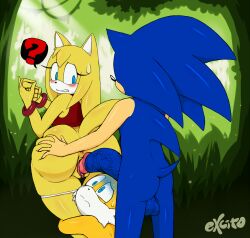 Rule 34 | 1girl, 2boys, anus, ass, excito, furry, furry female, furry male, furry with furry, highres, jungle, large penis, multiple boys, nature, netorare, netorase, penis, public indecency, pussy, red shirt, shirt, sonic (series), sonic boom (series), sonic the hedgehog, suggestive gesture, tails (sonic), testicles, veins, veiny penis, zooey (sonic)