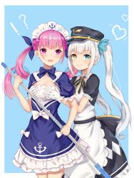Rule 34 | !?, 2girls, :d, ahoge, anchor, anchor print, apron, aqua hair, black dress, blue dress, blue eyes, blue neckwear, blue ribbon, blush, bow, bowtie, braid, breasts, cleavage, closed mouth, cowboy shot, dress, french braid, frilled dress, frills, gloves, grabbing, grabbing another&#039;s breast, hair ornament, hair ribbon, heart, heterochromia, hokori sakuni, holding, holding mop, hololive, kagura gumi, kagura mea, long hair, maid apron, maid headdress, minato aqua, minato aqua (1st costume), mop, motion lines, multicolored hair, multiple girls, open mouth, pink eyes, pink hair, ribbon, short sleeves, sidelocks, silver hair, small breasts, smile, standing, twintails, twintails day, two-tone hair, very long hair, virtual youtuber, wavy hair, white gloves, yellow eyes