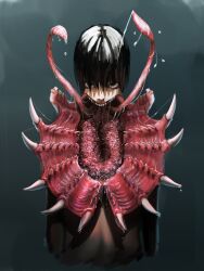 Rule 34 | 1boy, black background, black eyes, black hair, body horror, commentary request, cropped torso, drooling, gradient background, highres, horror (theme), looking at viewer, male focus, metamon1996, monster boy, open mouth, original, saliva, sharp teeth, short hair, solo, teeth, tentacles, upper body