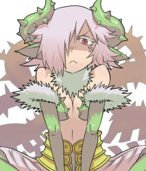 Rule 34 | 1girl, :&lt;, armor, armored dress, bad id, bad tumblr id, bare shoulders, breasts, cleavage, fur-trimmed collar, fur collar, fur trim, indian style, matsuda yuusuke, monster girl, nise maou dokuzeru, original, pink hair, plant, plant girl, red eyes, scales, short hair, sitting, small breasts, solo, v arms, vines, yuusha to maou