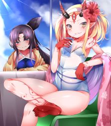 Rule 34 | bare shoulders, bikini, black hair, blonde hair, blue bikini, blue eyes, blue sky, blush, breasts, buta (uhoiiotoko), chair, closed mouth, cloud, commentary request, cup, day, facial mark, fang, fate/grand order, fate (series), feet, feet out of frame, flower, forehead mark, grin, hair between eyes, hair bun, hairband, hibiscus, holding, holding cup, horns, ibaraki douji (fate), ibaraki douji (fate/grand order), ibaraki douji (swimsuit lancer) (fate), ibaraki douji (swimsuit lancer) (second ascension) (fate), japanese clothes, kimono, leg up, long hair, looking at viewer, medium breasts, multicolored hair, one-piece swimsuit, oni horns, outdoors, parted bangs, pink hair, pink kimono, pointy ears, shiny skin, shirt, sidelocks, single hair bun, sitting, sky, small breasts, smile, soles, sunlight, swimsuit, tattoo, two-tone hair, upper body, ushiwakamaru (fate), ushiwakamaru (fate/grand order), ushiwakamaru (swimsuit assassin) (fate), ushiwakamaru (swimsuit assassin) (first ascension) (fate), very long hair, white one-piece swimsuit, yellow eyes, yellow shirt