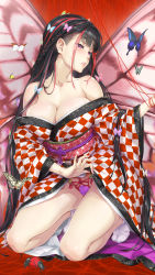 Rule 34 | 1girl, animal, bare shoulders, black hair, blunt bangs, braid, breasts, bug, butterfly, butterfly wings, checkered clothes, checkered kimono, cleavage, happoubi jin, highres, insect, insect wings, japanese clothes, kimono, kneeling, large breasts, long hair, long legs, multicolored hair, original, panties, parted lips, phone wallpaper, purple eyes, purple panties, red hair, solo, string, string of fate, tabi, thread, underwear, very long hair, wallpaper, wings