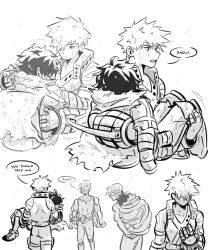 Rule 34 | 3boys, bakugou katsuki, boku no hero academia, cape, carrying, closed mouth, comic, commentary, daniartonline, english commentary, english text, extra arms, greyscale, highres, looking at another, male focus, midoriya izuku, monochrome, multiple boys, open mouth, princess carry, short hair, shouji mezou, simple background, speech bubble, spiked hair, standing, wet, wet hair, white background