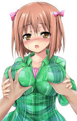 Rule 34 | 1girl, blush, breasts, breasts squeezed together, brown eyes, brown hair, grabbing, grabbing another&#039;s breast, grabbing another's breast, groping, guided breast grab, guiding hand, hataraku maou-sama!, huge breasts, large breasts, lipstick, makeup, open mouth, polo shirt, sasaki chiho, sen (astronomy), short hair, short twintails, simple background, solo focus, twintails, white background