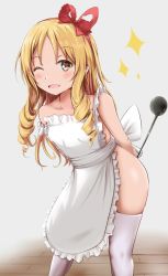 Rule 34 | 10s, 1girl, apron, ashfair, blonde hair, bow, brown eyes, drill hair, eromanga sensei, fang, frills, hair bow, hairband, ladle, long hair, looking at viewer, naked apron, one eye closed, open mouth, pointy ears, red bow, smile, solo, strap slip, thighhighs, twin drills, white thighhighs, yamada elf