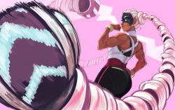 Rule 34 | 1girl, alternate muscle size, arms (game), ass, bare shoulders, bracelet, dark-skinned female, dark skin, drill hair, earrings, female focus, from behind, jewelry, lips, long hair, mask, muscular, muscular female, solo, thedansome, twin drills, twintails, twintelle (arms), very long hair