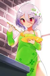 Rule 34 | 1girl, absurdres, antenna hair, apron, arm warmers, commentary request, flower, green apron, hair between eyes, hair flower, hair ornament, highres, holding, holding ladle, holding plate, kokkoro (princess connect!), ladle, light purple hair, naked apron, plate, pointy ears, princess connect!, red eyes, short hair, solo, wo chi xiangjiao pi