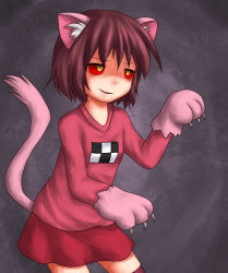 Rule 34 | 1girl, alternate hair length, alternate hairstyle, animal ears, animal hands, aosora (mizore), bad id, bad pixiv id, brown hair, cat ears, cat paws, cat tail, colored sclera, madotsuki, miniskirt, pink shirt, red sclera, shirt, short hair, skirt, smirk, solo, tail, thighhighs, yume nikki