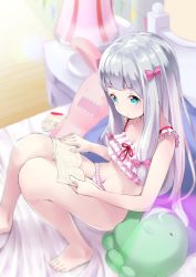 Rule 34 | 10s, 1girl, aqua eyes, bare legs, barefoot, bedroom, blush, book, bow, bra, closed mouth, eromanga sensei, feet, frilled bra, frilled panties, frills, hair bow, highres, indoors, izumi sagiri, knees together feet apart, lingerie, long hair, looking down, on bed, open book, panties, pink bow, pink bra, pink panties, reading, rin2008, silver hair, sitting, solo, stuffed animal, stuffed octopus, stuffed toy, thighs, underwear, underwear only