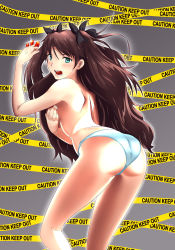 Rule 34 | 1girl, ass, blue eyes, blue panties, blush, caution tape, covering privates, covering breasts, fate/grand order, fate/stay night, fate (series), highres, legs, long hair, no bra, open mouth, panties, partially undressed, serkior, solo, teeth, thighs, tohsaka rin, topless, twintails, two side up, underwear