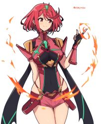 Rule 34 | 1girl, black gloves, breasts, chest jewel, closed mouth, fingerless gloves, fire, gem, gloves, headpiece, highres, large breasts, mochimochi (xseynao), pyra (xenoblade), red eyes, red hair, short hair, simple background, smile, solo, swept bangs, thighs, twitter username, white background, xenoblade chronicles (series), xenoblade chronicles 2
