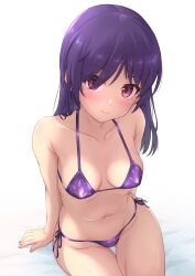Rule 34 | 1girl, absurdres, alice gear aegis, aruga nana, bikini, breasts, gluteal fold, highres, hutokumi, long hair, looking at viewer, medium breasts, purple bikini, purple eyes, purple hair, side-tie bikini bottom, simple background, sitting, solo, swimsuit, thigh gap, white background