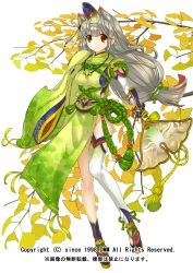 Rule 34 | 1girl, asymmetrical clothes, asymmetrical legwear, breasts, brown eyes, flower knight girl, full body, ginkgo tree, ginkgo (flower knight girl), gradient hair, grey hair, hair intakes, hand fan, hat, ichou (flower knight girl), japanese clothes, jewelry, knees together feet apart, leaf print, long hair, looking at viewer, low-tied long hair, mini hat, multicolored hair, name connection, necklace, no panties, object namesake, official art, pelvic curtain, red hair, ribbon-trimmed sleeves, ribbon trim, rope, single sock, single thighhigh, smile, socks, solo, tassel, tate eboshi, thigh gap, thighhighs, uneven legwear, vambraces, very long hair, wamusato haru, wide sleeves