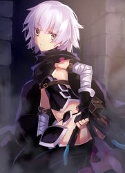 Rule 34 | 1girl, arm belt, ass, bandaged arm, bandages, belt, black gloves, black scarf, breasts, brown belt, cleavage, commentary request, cuts, fate/apocrypha, fate (series), gloves, head tilt, highres, holding, holding knife, injury, jack the ripper (fate/apocrypha), kneeling, knife, looking at viewer, minamina, parted lips, pouch, scarf, sheath, sheathed, shirt, short hair, sideboob, silver hair, sleeveless, sleeveless shirt, solo, thighhighs, torn clothes, torn scarf, v-shaped eyebrows, yellow eyes