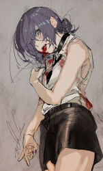 Rule 34 | 1girl, absurdres, bare shoulders, blood, chainsaw man, choker, green eyes, hair over one eye, highres, hiranko, looking at viewer, necktie, open mouth, pencil skirt, purple hair, reze (chainsaw man), sketch, skirt, sleeveless, solo, teeth