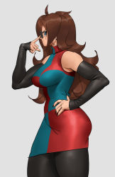 Rule 34 | 1girl, android 21, bare shoulders, black nails, breasts, brown hair, checkered clothes, checkered dress, closed mouth, detached sleeves, dragon ball, dragon ball fighterz, dress, finger on nose, from side, glasses, grey background, hand on own hip, long hair, looking at viewer, multicolored clothes, multicolored dress, nail polish, odino tso, pantyhose, sideways glance, simple background, solo