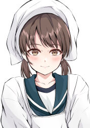 Rule 34 | 1girl, absurdres, apron, blush, brown eyes, brown hair, closed mouth, dairyo3, green sailor collar, head scarf, highres, kantai collection, kappougi, looking at viewer, portrait, sailor collar, school uniform, serafuku, shirayuki (kancolle), short hair, short twintails, simple background, smile, solo, twintails, white background, white headwear