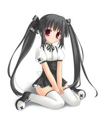 Rule 34 | 1girl, between legs, hand between legs, kooh, pangya, red eyes, ribbon, simple background, sitting, solo, thighhighs, twintails, wariza, white background