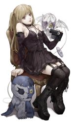 Rule 34 | 1girl, absurdres, amane misa, bare shoulders, black choker, black dress, black footwear, black nails, black thighhighs, blonde hair, boots, brown eyes, button eyes, buttons, camera, chain necklace, chair, choker, cross, cross-laced clothes, cross-laced footwear, cross necklace, death note, detached sleeves, dress, full body, garter straps, goth fashion, hand up, highres, holding, holding camera, jealous (death note), jewelry, lace, lace-trimmed dress, lace sleeves, lace trim, looking at viewer, medium hair, misogu-san, nail polish, necklace, rem (death note), simple background, sitting, solo, stuffed toy, thighhighs, two side up, white background