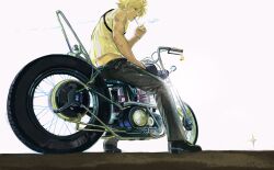 Rule 34 | 1boy, black footwear, blonde hair, blue eyes, cigarette, closed mouth, clothes lift, cloud strife, commentary, english commentary, final fantasy, final fantasy vii, highres, male focus, motor vehicle, motorcycle, on motorcycle, pants, sansgarnish00, shirt lift, short hair, simple background, smoke trail, smoking, spiked hair, tank top, white tank top