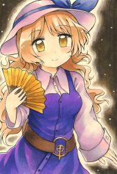 Rule 34 | 1girl, belt, blonde hair, bow, breasts, buttons, cowboy shot, dress, hand fan, hat, hat bow, highres, holding, holding fan, long hair, long sleeves, looking at viewer, maa (forsythia1729), purple dress, shirt, single strap, small breasts, smile, touhou, traditional media, watatsuki no toyohime, wavy hair, white hat, white shirt, yellow eyes