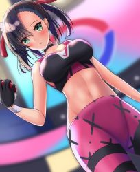 Rule 34 | 1girl, asymmetrical bangs, asymmetrical hair, black gloves, black hair, blush, breasts, collarbone, commentary request, creatures (company), game freak, gloves, green eyes, hair ribbon, highres, holding, holding poke ball, large breasts, looking at viewer, marnie (pokemon), midriff, navel, nintendo, open mouth, pants, pink pants, poke ball, poke ball (basic), pokemon, pokemon swsh, red ribbon, ribbon, solo, toyomi 13