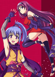 Rule 34 | 2girls, arm up, armpits, ass, bare shoulders, blue hair, breasts, covered erect nipples, detached sleeves, dress, fingerless gloves, fishnets, from behind, full body, gloves, headband, high ponytail, japanese clothes, kimono, kunoichi, kuro shichi, long hair, looking at viewer, looking back, medium breasts, multiple girls, ninja, obi, open mouth, original, panties, pantyshot, perky breasts, ponytail, purple eyes, purple hair, sash, scarf, sleeveless, sleeveless dress, small breasts, smile, stirrup legwear, thighhighs, thighs, toeless legwear, toes, underwear, upper body