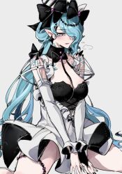 Rule 34 | 1girl, between breasts, black bow, black bowtie, black dress, blue hair, blue scales, blush, bow, bowtie, breasts, bridal gauntlets, chinese commentary, collarbone, commentary, crying, crying with eyes open, detached sleeves, dress, earrings, feet out of frame, grey background, grey eyes, guapihuang833, hair bow, hair over one eye, hat, jewelry, large breasts, looking down, one eye covered, open mouth, own hands together, path to nowhere, pointy ears, puff of air, ring, serpent (path to nowhere), simple background, single bridal gauntlet, sitting, slit pupils, solo, star (symbol), star earrings, strap between breasts, tearing up, tears, thigh strap, thighs, two-tone dress, wariza, white dress