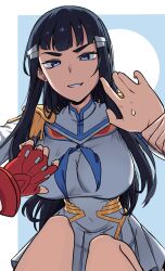 Rule 34 | 2girls, black hair, blue eyes, breasts, epaulettes, fingerless gloves, gloves, gungye, highres, holding another&#039;s wrist, incest, junketsu, kill la kill, kiryuuin satsuki, large breasts, long hair, looking at another, matoi ryuuko, multiple girls, naughty face, pov, resisting, siblings, simple background, single glove, sisters, skirt, sweatdrop, thick eyebrows, trigger (company), you gonna get raped, yuri