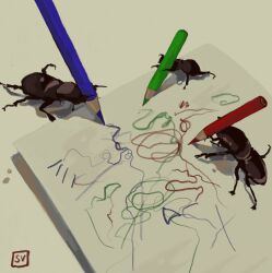 Rule 34 | animal, animal focus, artist name, beetle, bug, colored pencil, commentary, drawing, drawing (object), english commentary, from above, highres, holding, holding pencil, insect, no humans, original, paper, pencil, scribble, shadow, signature, simple background, stag beetle, swagvo1d