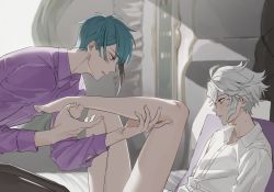 Rule 34 | 2boys, azul ashengrotto, barefoot, bed sheet, black hair, blue hair, blush, bottomless, brown eyes, collared shirt, couple, day, dress shirt, eye contact, from side, glasses, grey hair, highres, holding another&#039;s leg, hyakutennnn, indoors, jade leech, leaning back, leaning forward, long sleeves, looking at another, looking away, male focus, mole, mole under mouth, multicolored hair, multiple boys, on bed, parted lips, plantar flexion, profile, purple shirt, shirt, short hair, sidelocks, sitting, streaked hair, sweat, twisted wonderland, white shirt, yaoi