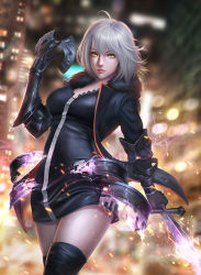 Rule 34 | 1girl, black jacket, black thighhighs, blurry, casual, dark duck, depth of field, fate/grand order, fate (series), fur collar, fur trim, gauntlets, highres, jacket, jeanne d&#039;arc (fate), jeanne d&#039;arc alter (fate), jeanne d&#039;arc alter (ver. shinjuku 1999) (fate), looking at viewer, official alternate costume, silver hair, solo, sword, thighhighs, transforming clothes, weapon