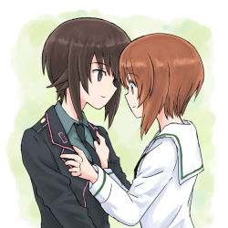 Rule 34 | 2girls, black jacket, black neckwear, blouse, brown eyes, brown hair, closed mouth, commentary, dress shirt, girls und panzer, grey shirt, hands on another&#039;s chest, incest, jacket, long sleeves, looking at another, multiple girls, mutsu (layergreen), neckerchief, necktie, niedersachsen military uniform, nishizumi maho, nishizumi miho, ooarai school uniform, sailor collar, school uniform, serafuku, shirt, short hair, siblings, sisters, smile, white sailor collar, white shirt, wing collar, yuri