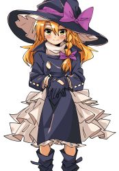 Rule 34 | 1girl, absurdres, adapted costume, bad id, bad twitter id, black dress, black gloves, blush, bow, braid, closed mouth, cookie (touhou), cowboy shot, dress, gloves, hair between eyes, hair bow, hat, hat bow, highres, kirisame marisa, long hair, long sleeves, looking at viewer, orange hair, petticoat, purple bow, rei (cookie), side braid, smile, solo, touhou, witch hat, yellow eyes, zuwatake