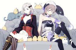 Rule 34 | 2girls, azur lane, bird, cat, chick, commission, cosplay, costume switch, couch, crossed legs, crossover, dress, flying sweatdrops, hatski.sin, highres, historical name connection, jean bart (azur lane), jean bart (azur lane) (cosplay), jean bart (kancolle), jean bart (kancolle) (cosplay), kantai collection, looking to the side, magnifying glass, manjuu (azur lane), multiple girls, name connection, on couch, pixiv commission, simple background, sitting, white background