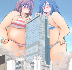 Rule 34 | 2girls, bikini, blush, breasts, brown hair, building, city, cleavage, day, eno konoe, eyebrows, fat, giant, giantess, glasses, hands on own hips, large breasts, long hair, mikomu, multiple girls, original, plump, red-framed eyewear, red eyes, short hair, smoke, striped bikini, striped clothes, swimsuit, thick eyebrows