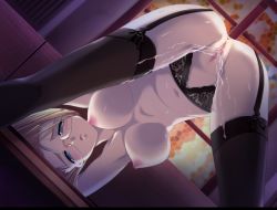 Rule 34 | 1girl, bench, blonde hair, blue eyes, blush, breasts, cleavage, downhill night, emily (pure dream), game cg, garter belt, glasses, nipples, pussy, pussy juice, thighhighs, top (company), uncensored, yano maria