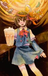Rule 34 | 1girl, @ @, alcohol, asama isami, beer, beer mug, blue skirt, blue vest, blush, bow, bowtie, brown eyes, brown hair, collared shirt, commentary request, cup, cup on head, drunk, frilled sleeves, frills, headband, highres, holding, holding cup, kaigen 1025, layered sleeves, long sleeves, margarita, mug, nose blush, open mouth, red bow, red bowtie, red headband, shirt, short hair, short over long sleeves, short sleeves, skirt, smile, solo, thighhighs, uwabami breakers, vest, white shirt, white thighhighs