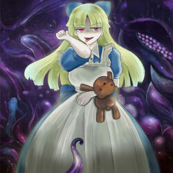 Rule 34 | 1girl, archived source, black alice (mon-musu quest!), blonde hair, blue bow, blue dress, blunt bangs, bow, breasts, clenched hands, commentary request, dress, drooling, feet out of frame, floating hair, frills, glowing, hair bow, half-closed eyes, holding, holding stuffed toy, large breasts, long dress, long hair, looking at viewer, mon-musu quest!, monster girl, open mouth, raised eyebrow, red eyes, saliva, shaded face, short sleeves, smile, solo, straight-on, stuffed animal, stuffed toy, teddy bear, tentacles, tongue, tongue out, un do