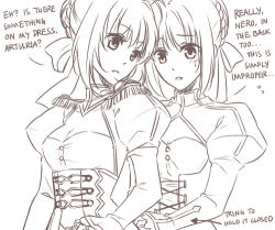 Rule 34 | 10s, 2girls, adjusting clothes, ahoge, artoria pendragon (all), artoria pendragon (fate), braid, breasts, cleavage, cleavage cutout, clothing cutout, corset, english text, epaulettes, fate/extra, fate/stay night, fate (series), flat chest, french braid, hair bun, hair ribbon, lineart, lowres, monochrome, multiple girls, nero claudius (fate), nero claudius (fate) (all), nero claudius (fate/extra), puffy sleeves, ribbon, rynn (seibu), saber (fate), single hair bun, small breasts, sweatdrop